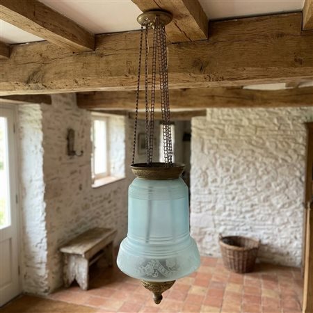 Lume in ottone e vetro di murano di colore azzurro bulinato , Early 20° secolo