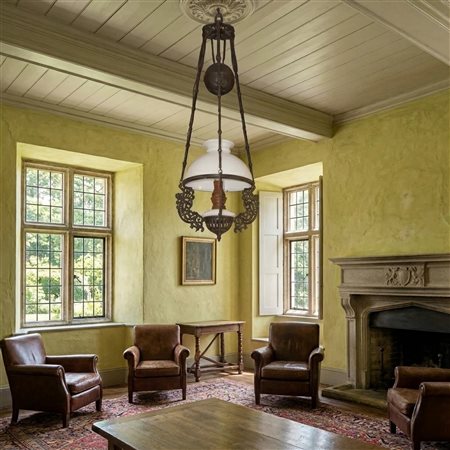 Lampadario sali e scendi in opaline bianca con serbatoio a petrolio