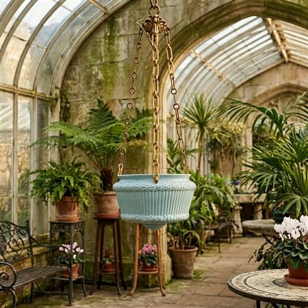 Lampadario in vetro bianco lattimo con linee celesti