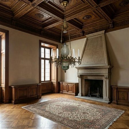 Sospensione elettrificata struttura in metallo dorato con brindoli di vetro e centrale in maiolica policroma a 6 luci, Art Nouveau period