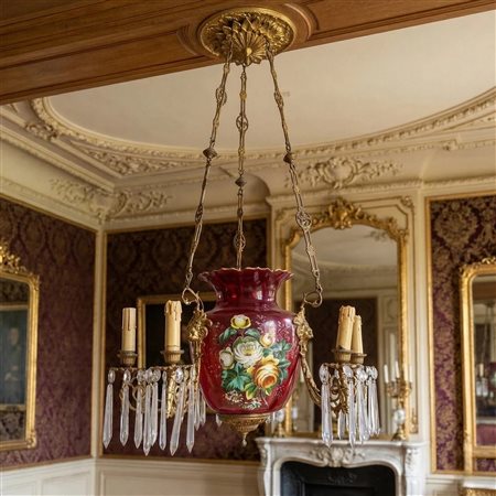 Sospensione in vetro di Murano rosa e dipinto a mano a sei luci