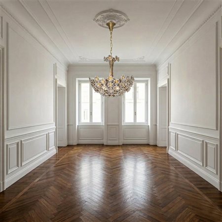 Lampadario a 6 luci in metallo dorato e decori floreali in vetro, 1960s