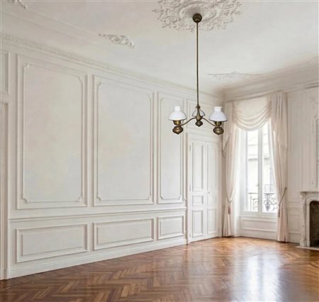 Lampadario con struttura in metallo a tre luci e lumi in opaline