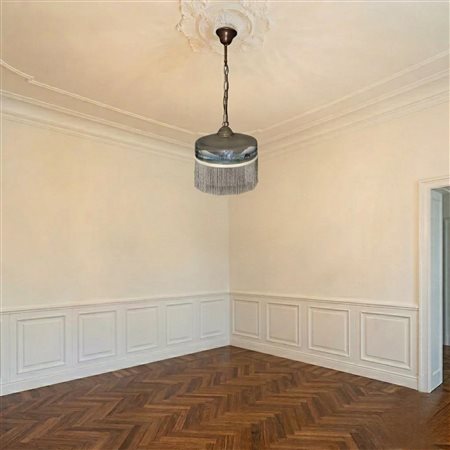 Lampadario Liberty in vetro dipinto con paesaggio con frangia di perline a giro