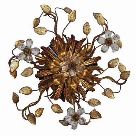 Plafoniera a 6 luci in metallo dorato con cristalli molati