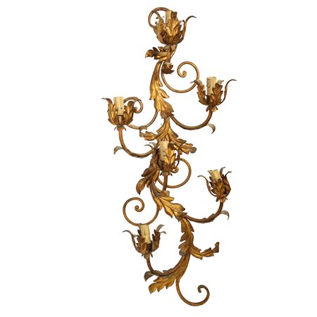 Applique a 5 luci in metallo dorato con decori a foglie