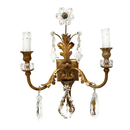 Banci Firenze - Applique a due luci in metallo dorato con brindoli e fiore apicale