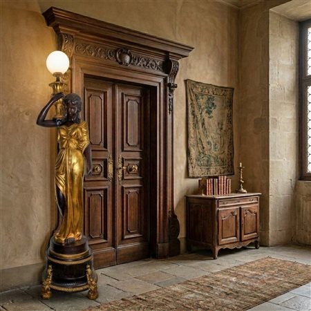 Grande lampada da terra a guisa di donna con abiti dorati