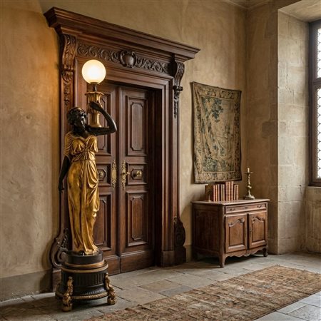 Grande lampada da terra a guisa di donna con abiti dorati