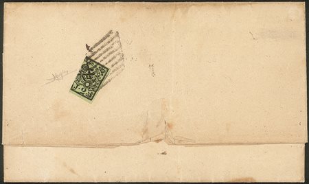Antichi Stati Italiani - Stato pontificio - Lettera affrancata al verso con 2 baj verde giallastro frazionato (3a)