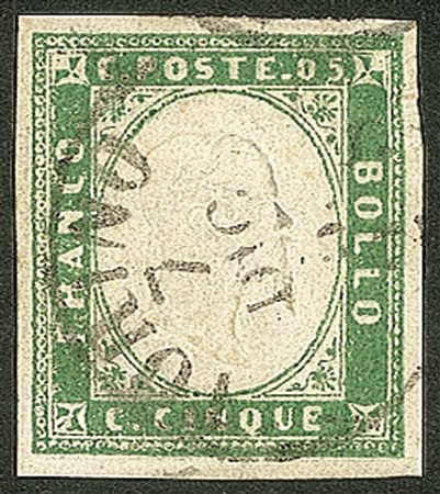 Antichi Stati Italiani - Sardegna - 1855 - 5 cent (13c - verde pisello)