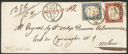 Antichi Stati Italiani - Sardegna - Fresca bustina raccomandata affrancata con 20 cent celeste grigiastro