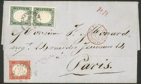 Antichi Stati Italiani - Sardegna - Coppia del 5 cent verde smeraldo + 40 cent vermiglio (13d + 16a)