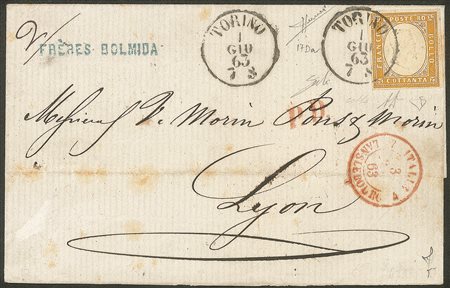 Antichi Stati Italiani - Sardegna - 80 cent giallo (17Da) su involucro di lettera da Torino a Lione del 1.6.63