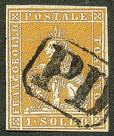 Antichi Stati Italiani - Toscana - 1851 - 1 soldo bistro su azzurro (2b) usato (PD in cartella)