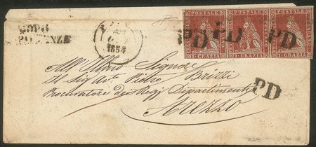 Antichi Stati Italiani - Toscana - Striscia orizzontale di tre del 1 crazia carminio su grigio (14d)