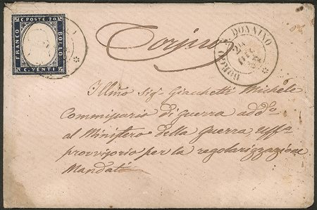 Regno - Vittorio Emanuele II - Bustina colorata (rosa) con 20 cent indaco (2)