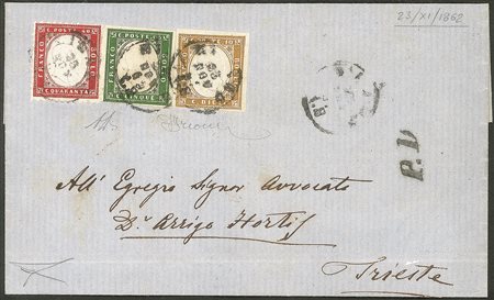 Regno - Vittorio Emanuele II - Tricolore mista Sardegna/Regno - lettera affrancata con 5 cent verde scuro (13D)