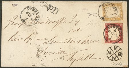 Regno - Vittorio Emanuele II - Mista Sardegna/Regno - Bustina affrancata con 80 cent giallo arancio chiaro (17B)