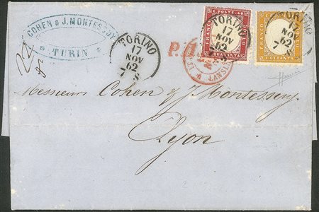 Regno - Vittorio Emanuele II - Lettera affrancata con 40 cent rosso carminio + 80 cent giallo arancio (3 + 4)