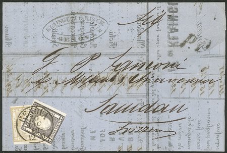 Regno - Vittorio Emanuele II - Mista Sardegna/regno - 1 cent nero + 2 cent giallo sovrapposti (19a + 10c)