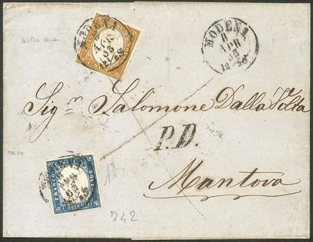 Regno - Vittorio Emanuele II - Mista Sardegna/Regno - lettera con 10 cent bistro arancio (14Dg)