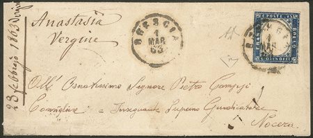 Regno - Vittorio Emanuele II - Bustina affrancata con 15 cent azzurro scuro (11b)