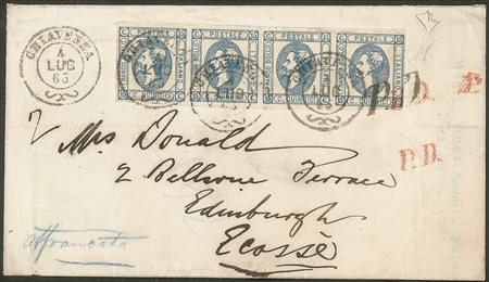 Regno - Vittorio Emanuele II - Bustina affrancata con striscia di quattro del 15 cent litografico (12)