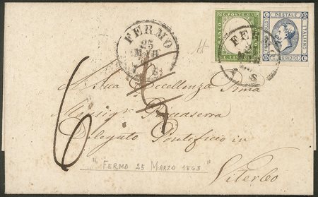 Regno - Vittorio Emanuele II - Bella letterina con affrancatura mista Sardegna/Regno composta da 5 cent verde (13Ea)