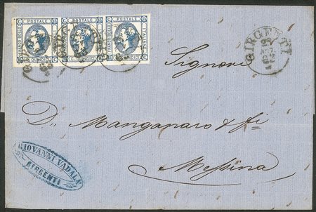 Regno - Vittorio Emanuele II - Striscia di tre del 15 cent litografico (13 + 13 + 13d)