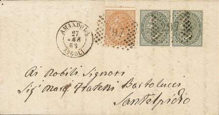 Regno - Vittorio Emanuele II - Lettera affrancata con coppia orizzontale del 5 cent V. Emanuele II (T16)
