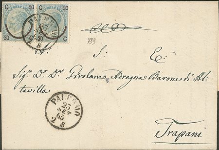 Regno - Vittorio Emanuele II - Lettera affrancata con coppia orizzontale del 20 cent su 15 Ferro di Cavallo (23a)