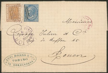 Regno - Vittorio Emanuele II - Lettera affrancata con 10 cent + 20 cent V. Emanuele II (27 + 28)