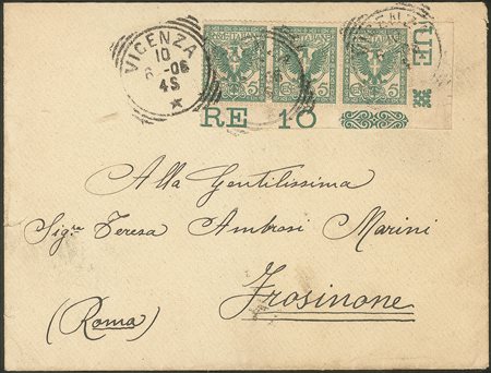 Regno - Vittorio Emanuele III - Busta affrancata con striscia orizzontale di tre del 5 cent Floreale angolo di foglio (70)