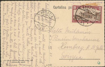 Regno - Vittorio Emanuele III - Cartolina illustrata da Abbazia affrancata con 60 + 30 cent Anno Santo (172)