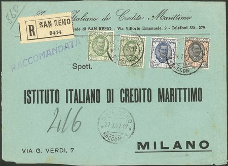 Regno - Vittorio Emanuele III - Busta raccomandata tricolore affrancata con 25 cent (due)