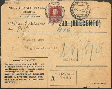 Regno - Vittorio Emanuele III - Busta assicurata affrancata con 2,55 lire Parmeggiani (216)