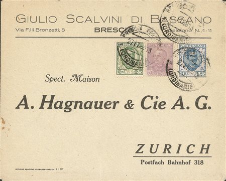 Regno - Vittorio Emanuele III - Tricolore - Busta affrancata con Floreale 25 cent (200) + 1,25 lire (202)