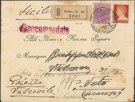 Regno - Vittorio Emanuele III - Busta raccomandata bicolore affrancata con 50 cent Parmeggiani (225)