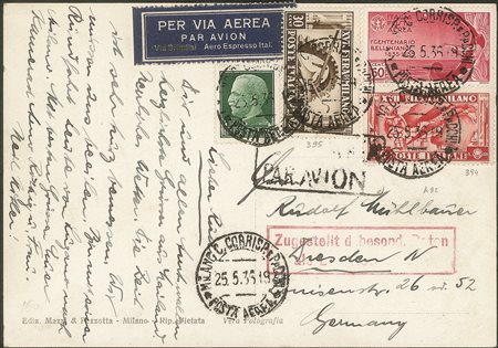 Regno - Vittorio Emanuele III - Cartolina per via aerea affrancata con 60 cent Bellini Aerea (A92)
