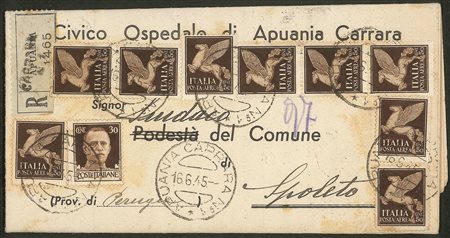 Regno - Luogotenenza - Lettera raccomandata affrancata con nove 50 cent Imperiale Aerea (A11 - Regno)