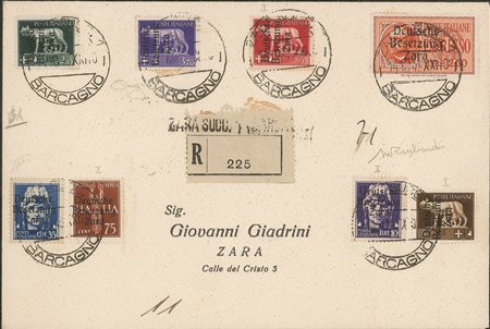 Occupazioni II guerra mondiale - Occupazione Tedesca - Zara - Busta raccomandata completa di ricevuta con sei valori