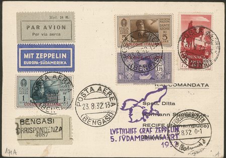 Colonie - Egeo - V Volo in Sud America - Bengasi 23.8.32 - cartolina del volo Zeppelin (Longhi 116)
