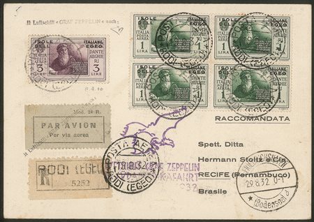 Colonie - Egeo - V Volo in Sud America - Rodi 19.8.32 - cartolina del volo Zeppelin (Longhi 117)