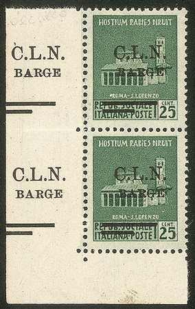 C.L.N. - Barge - 1945 - 25 cent (3 - varietà) - coppia verticale angolo di foglio (pos. 81/91)