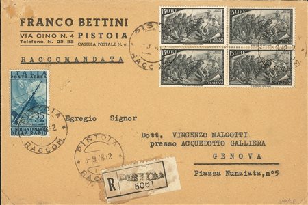 Repubblica - Quartina del 15 cent Risorgimento (587) + 35 lire Radio P. Aerea (140)