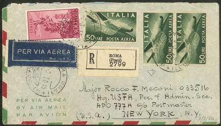 Repubblica - Aerogramma raccomandato affrancato con tre 50 lire + 300 P. Aerea (132 + 143)