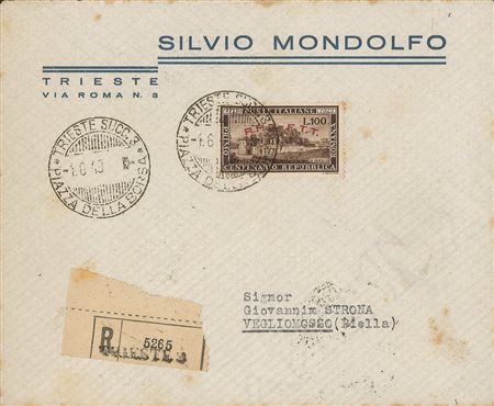 Trieste AMG FTT - Busta commerciale raccomandata affrancata con 100 lire Repubblica Romana (41)