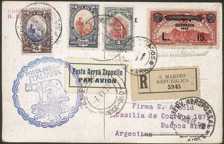 San Marino - Serie completa Crociera Zeppelin (11/16) di 6 valori su altrettante buste e/o cartoline del volo Zeppelin