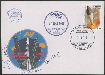 Europa e Oltremare - Russia - 2019 - ISS - Soyuz MS-13 - cosmogramma con l'emblema della missione timbrato con gli annulli di bordo